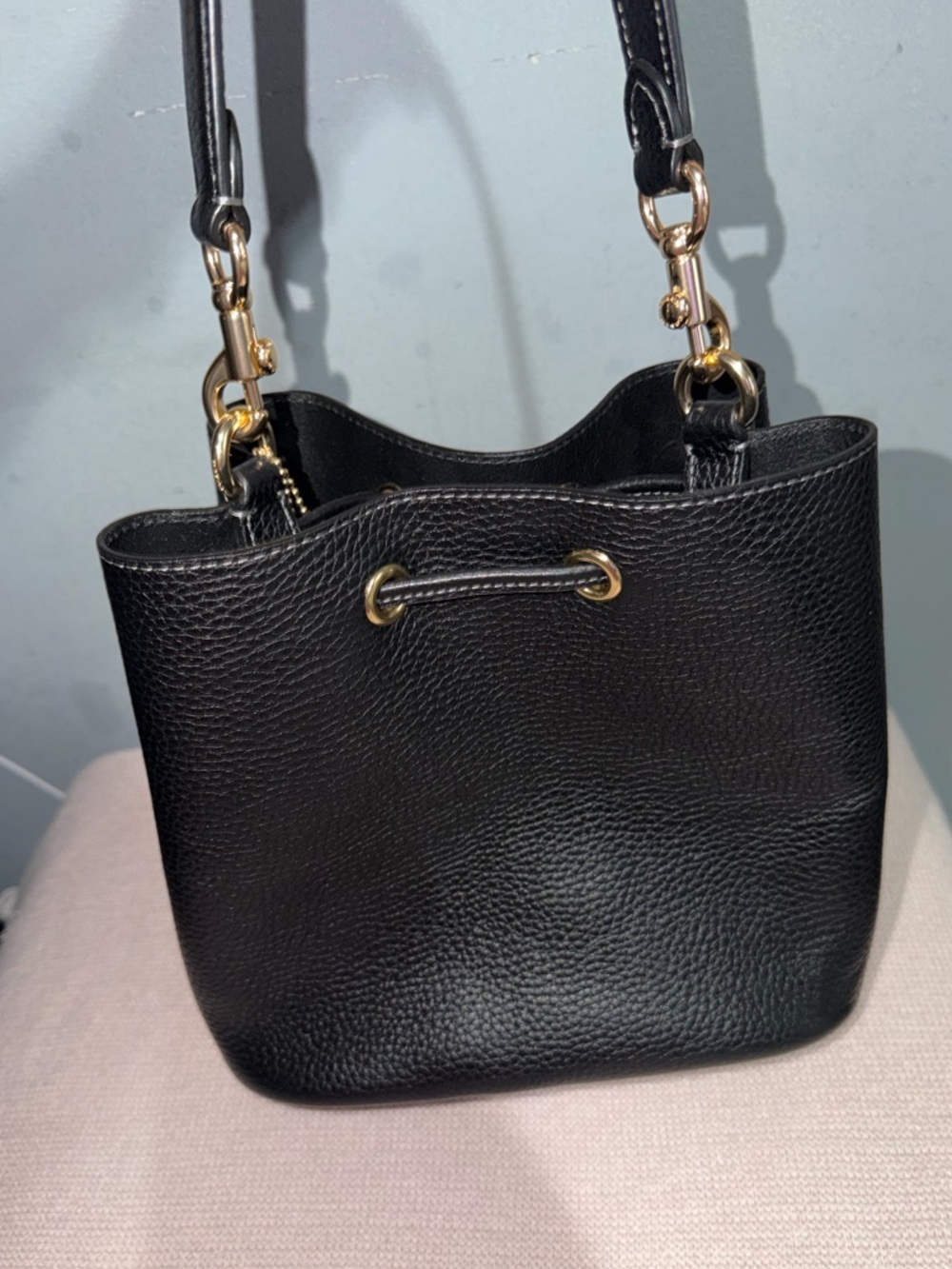 Black Leather Drawstring Bucket Bag - Picture 2 of 5